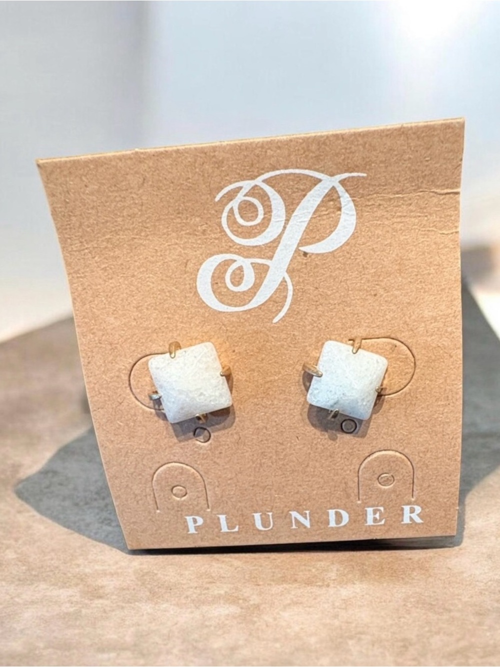 Gold Tone White Square Stud Earrings